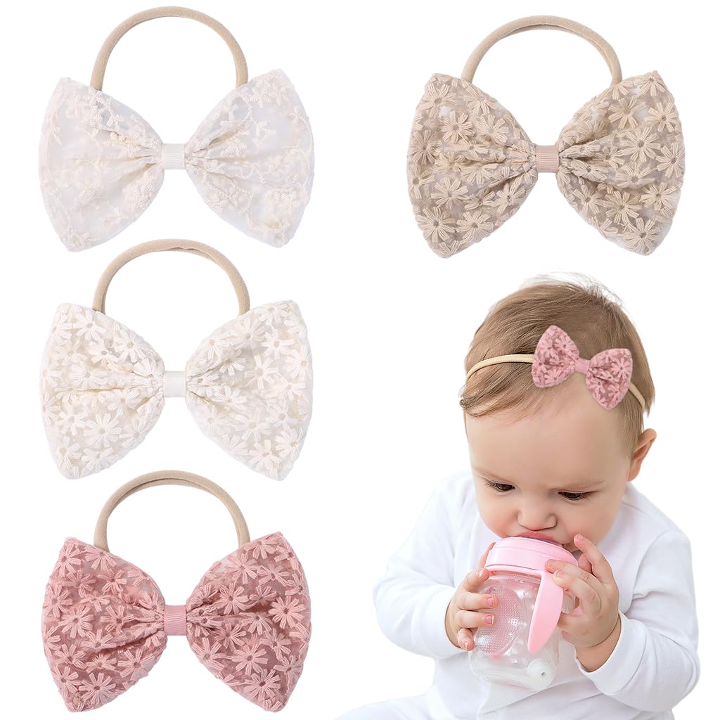 PALAY 4Pcs Headband for Baby Girl Hair Bands Elastic Hair Bows Stylish Handmade Embroidery Daisy Hairband for Newborn Infant Toddlers Kids Gift PALAY 4Pcs Headband for Baby Girl Hair Bands Elastic Hair Bows Stylish Handmade Embroidery Daisy Hairband for Newborn Infant Toddlers Kids Gift